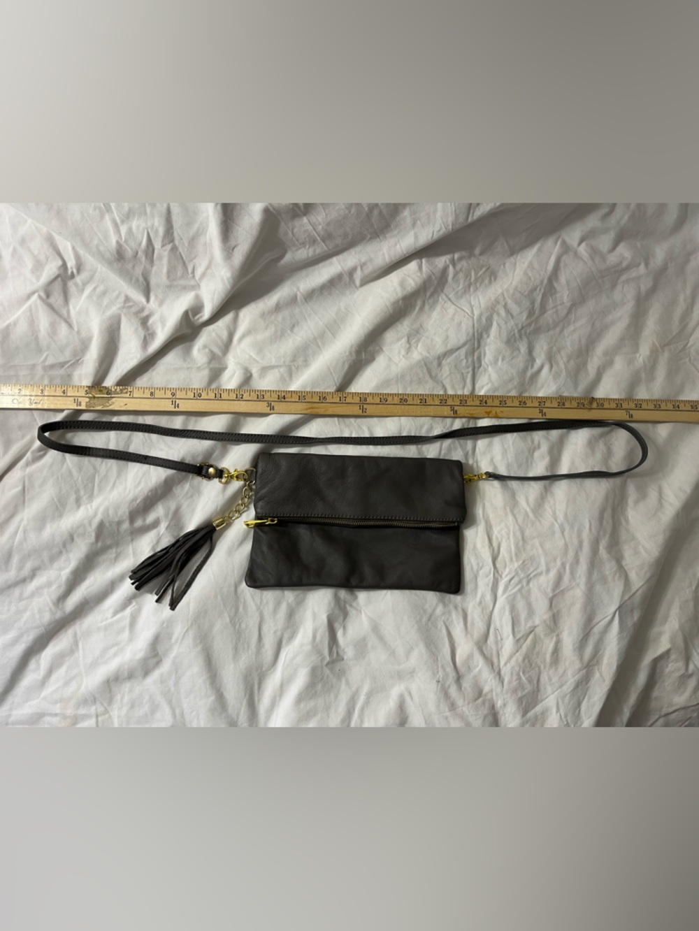 Grey Leather Crossbody with Tassel and Gold Hardware